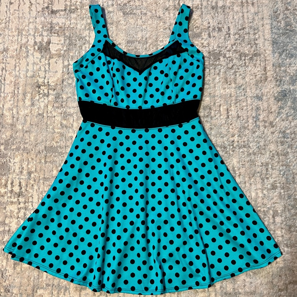 Teal/Blue Polka Dot Dress with Black Mesh midline.
